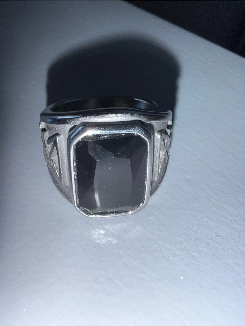 Men's Silver-Tone Ring with Black Faceted Stone